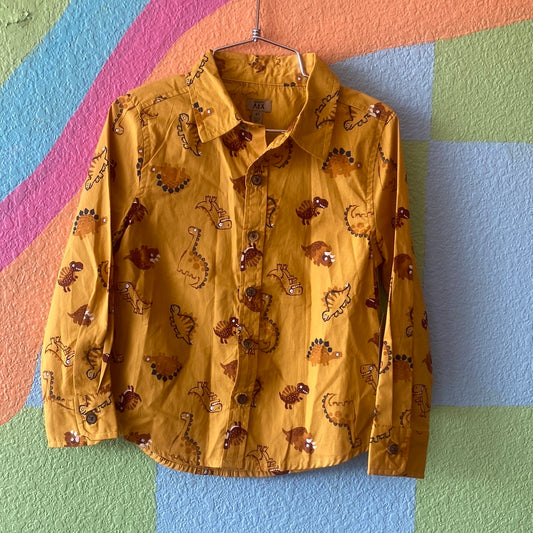 New Mustard Dino Button Up, 4T